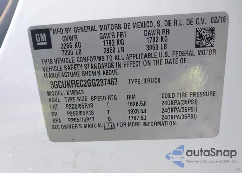 2016 Chevrolet Silverado 1500 1Lt из США, поврежденный, VIN 3GCUKREC2GG237467